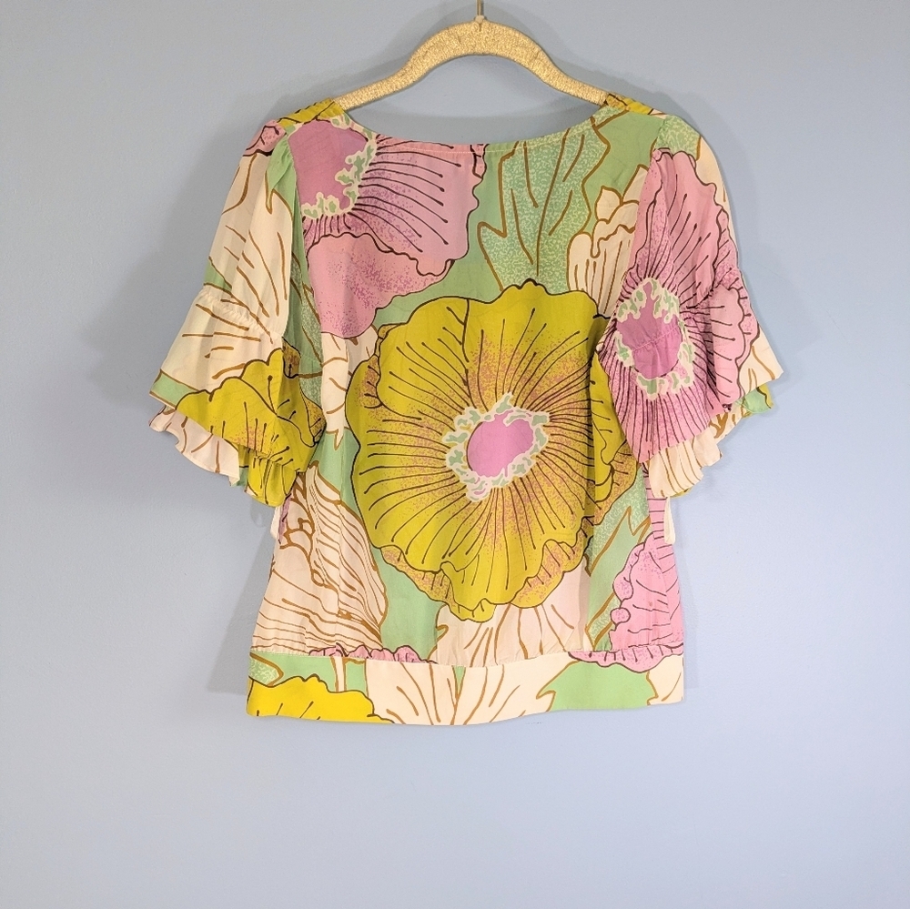 Anthro Odille Silk Ruffle Sleeves Banded Hem Blouse - Picture 2 of 6